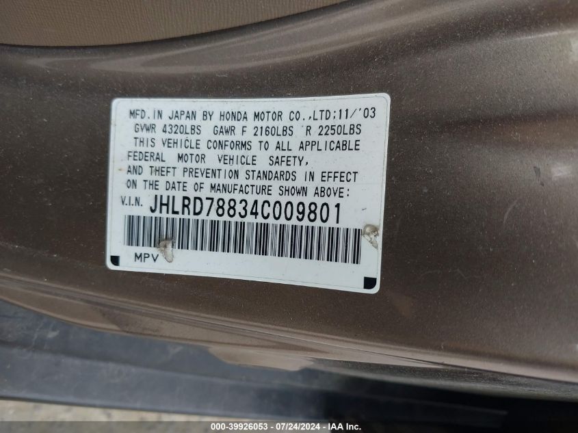 2004 Honda Cr-V Ex VIN: JHLRD78834C009801 Lot: 39926053