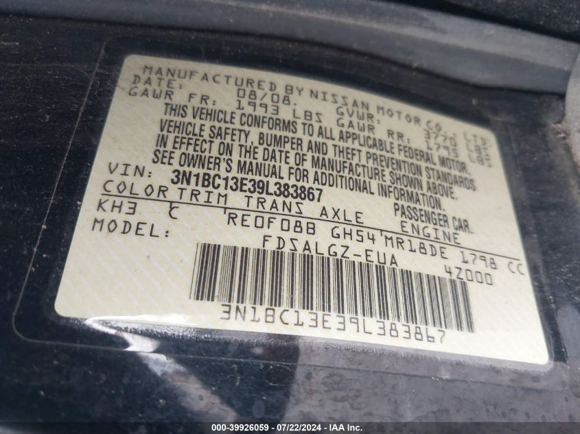 2009 Nissan Versa 1.8Sl VIN: 3N1BC13E39L383867 Lot: 39926059