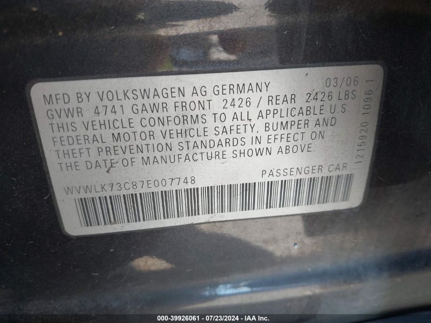 2007 Volkswagen Passat 2.0T Wagon Value VIN: WVWLK73C87E007748 Lot: 39926061