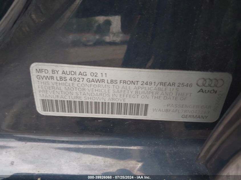 2011 Audi A4 2.0T Premium VIN: WAUBFAFL7BN042263 Lot: 39926068