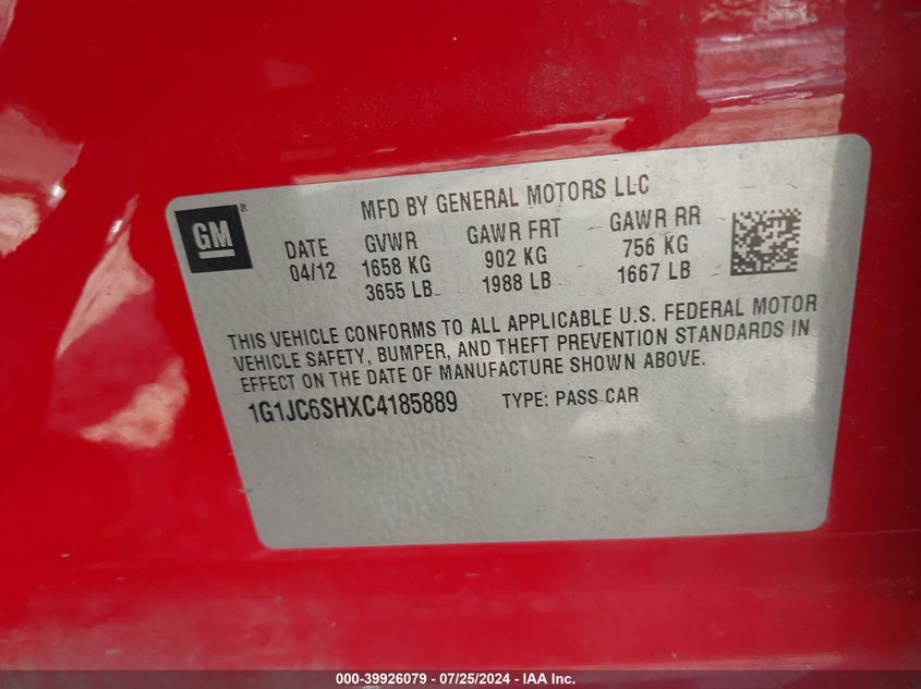 2012 Chevrolet Sonic 2Lt VIN: 1G1JC6SHXC4185889 Lot: 39926079