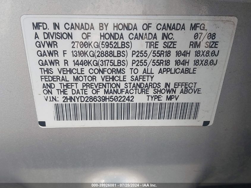 2009 Acura Mdx Technology Package VIN: 2HNYD28639H502242 Lot: 39926081