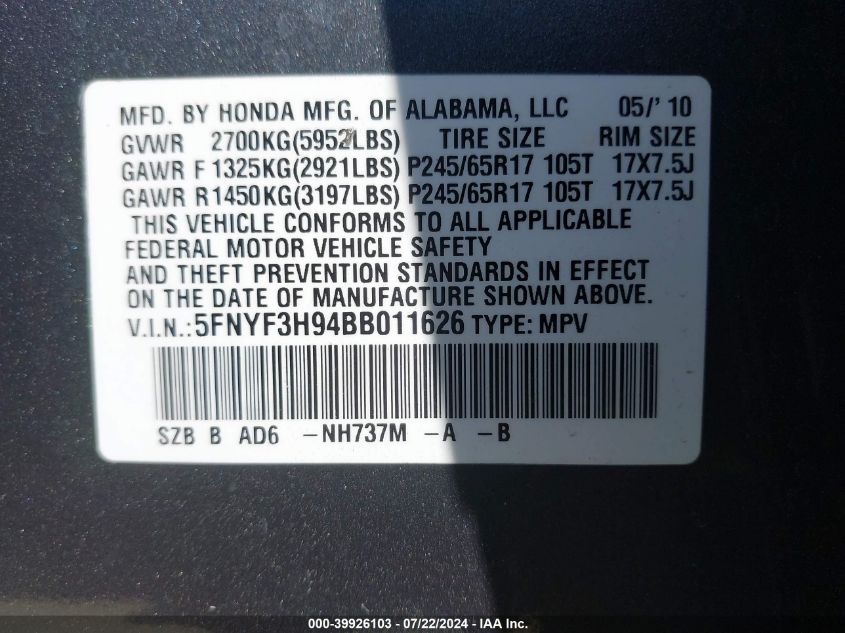 2011 Honda Pilot Touring VIN: 5FNYF3H94BB011626 Lot: 39926103