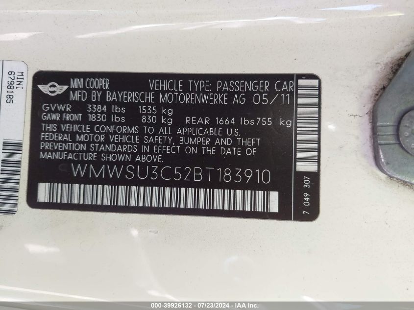 2011 Mini Cooper VIN: WMWSU3C52BT183910 Lot: 39926132