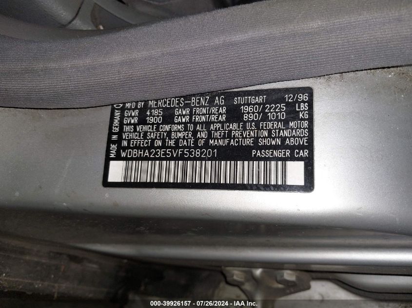 1997 Mercedes-Benz C 230 VIN: WDBHA23E5VF538201 Lot: 39926157
