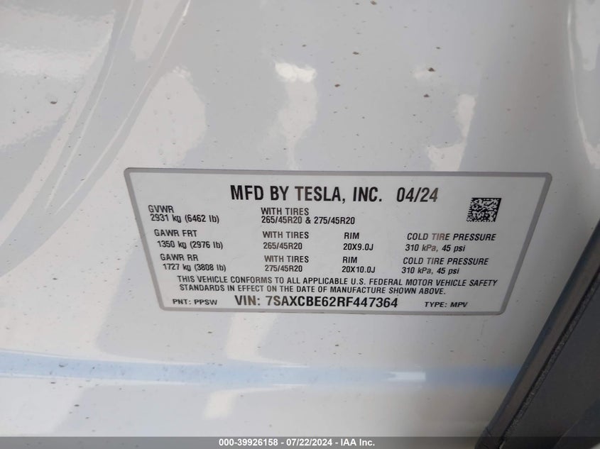 2024 TESLA MODEL X U   U(VIN: 7SAXCBE62RF447364