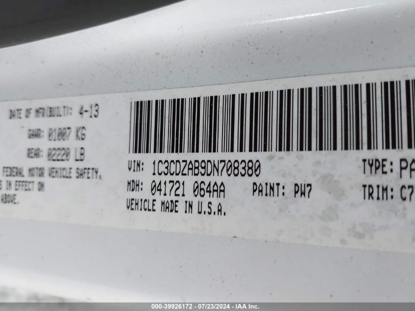 2013 Dodge Avenger Se VIN: 1C3CDZAB9DN708380 Lot: 39926172