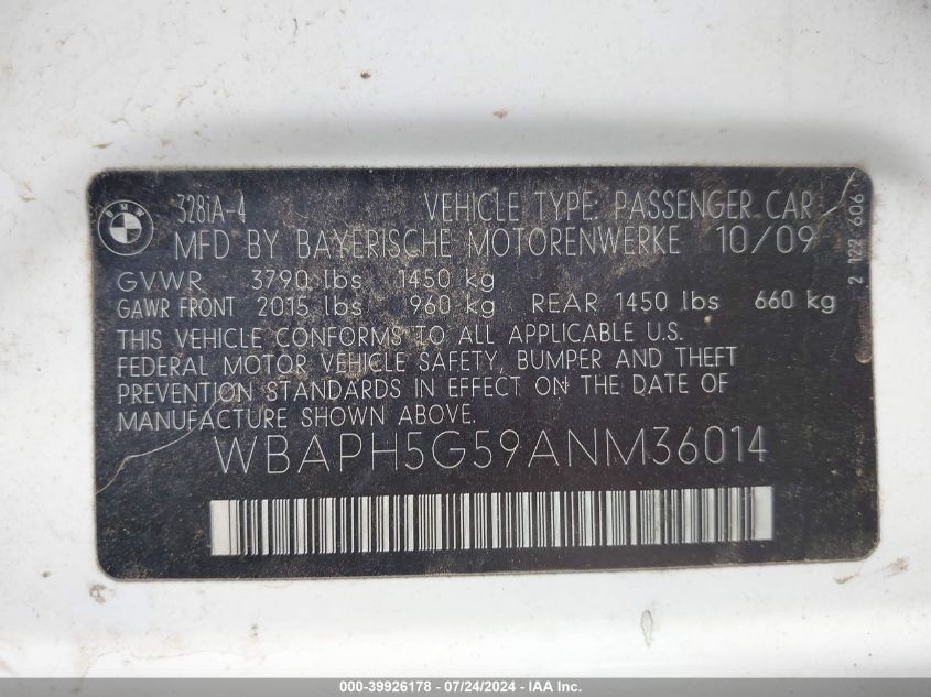 2010 BMW 328I VIN: WBAPH5G59ANM36014 Lot: 39926178