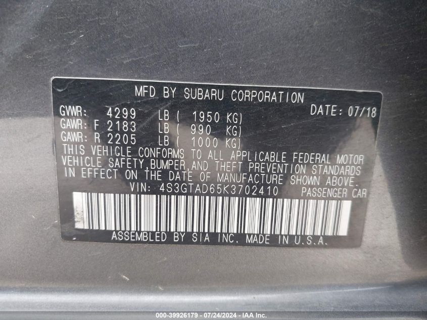 2019 Subaru Impreza 2.0I Premium VIN: 4S3GTAD65K3702410 Lot: 39926179