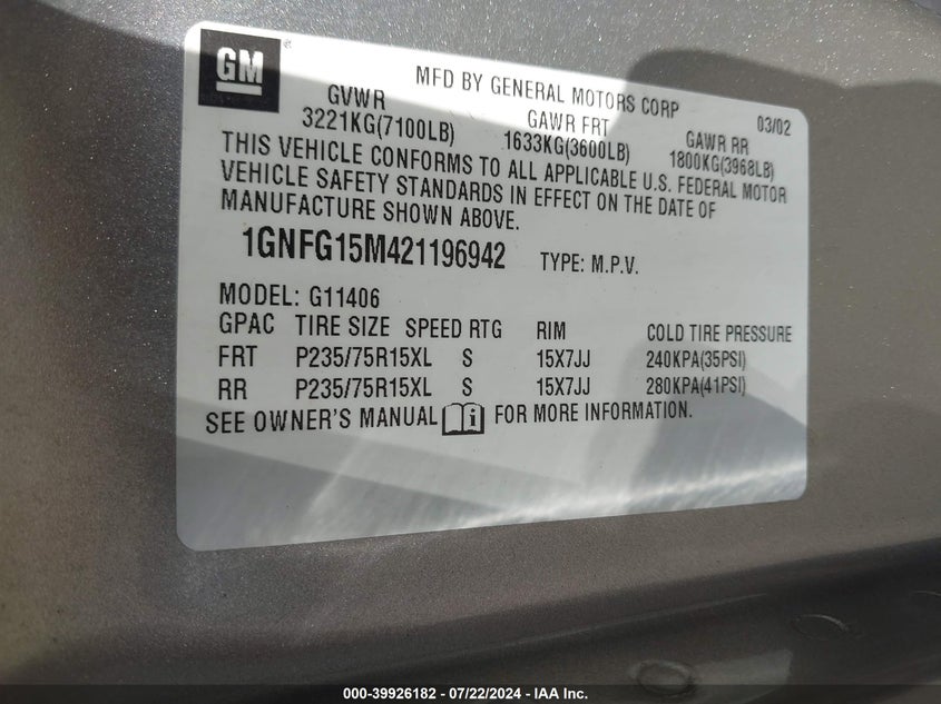 2002 Chevrolet Express VIN: 1GNFG15M421196942 Lot: 39926182