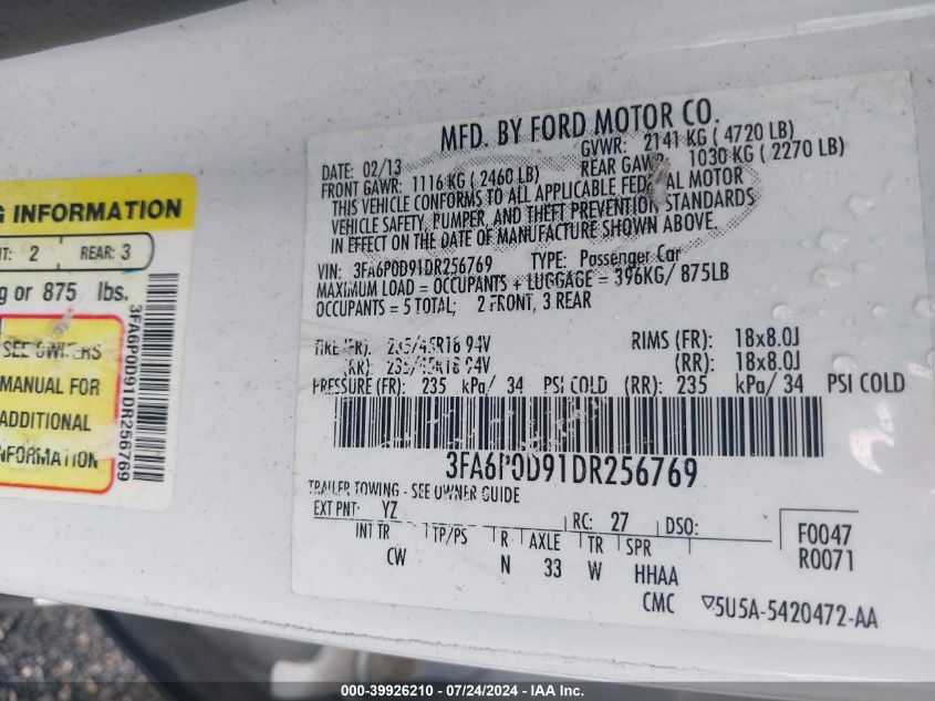 2013 Ford Fusion Titanium VIN: 3FA6P0D91DR256769 Lot: 39926210