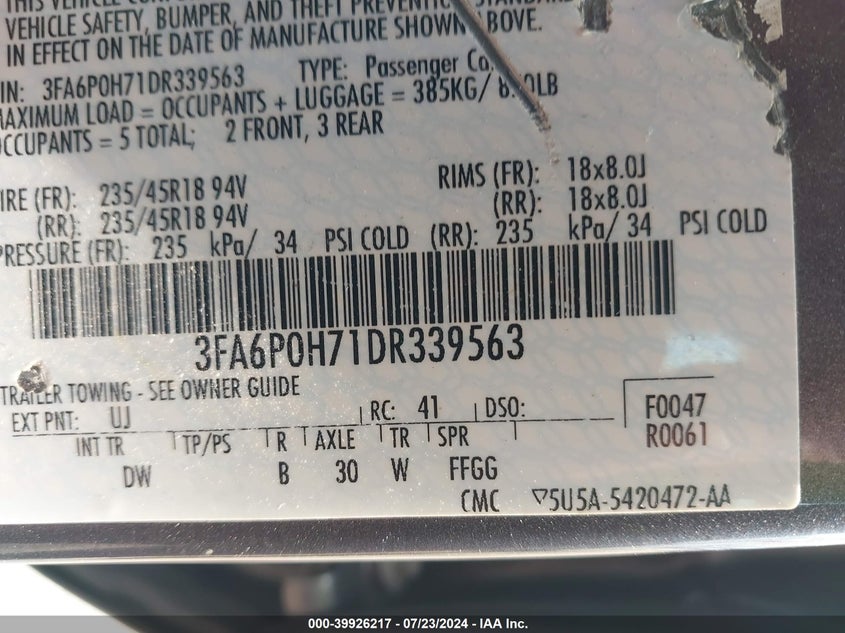 2013 Ford Fusion Se VIN: 3FA6P0H71DR339563 Lot: 39926217