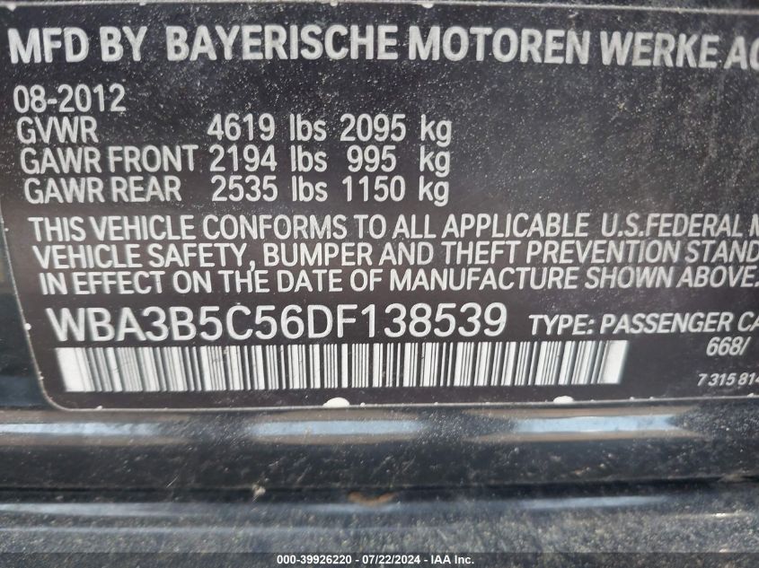 2013 BMW 328I xDrive VIN: WBA3B5C56DF138539 Lot: 39926220