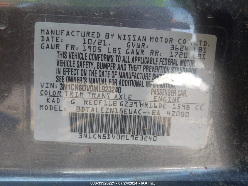 2021 Nissan Versa S Xtronic Cvt VIN: 3N1CN8DV0ML923240 Lot: 39926221