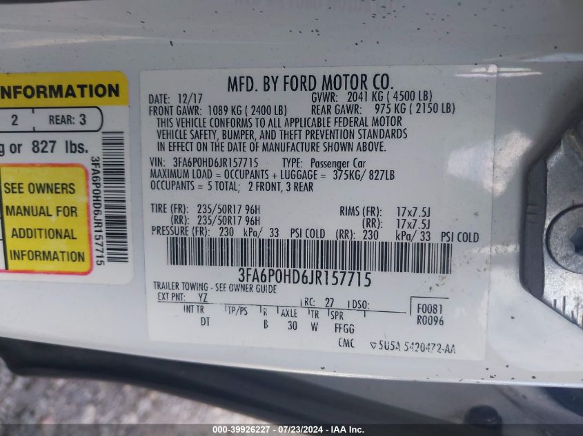 2018 FORD FUSION SE - 3FA6P0HD6JR157715