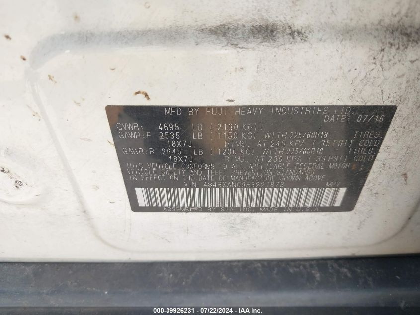 2017 Subaru Outback 2.5I Limited VIN: 4S4BSANC9H3221873 Lot: 39926231