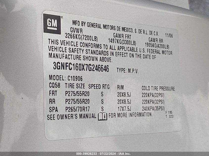 2007 Chevrolet Suburban 1500 Lt VIN: 3GNFC160X7G246646 Lot: 39926233