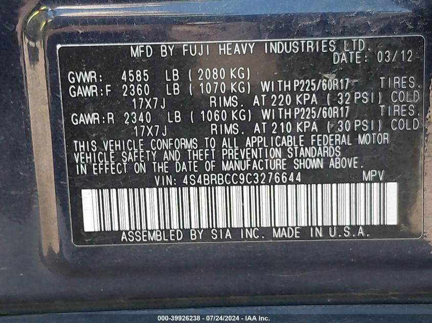 2012 Subaru Outback 2.5I Premium VIN: 4S4BRBCC9C3276644 Lot: 39926238