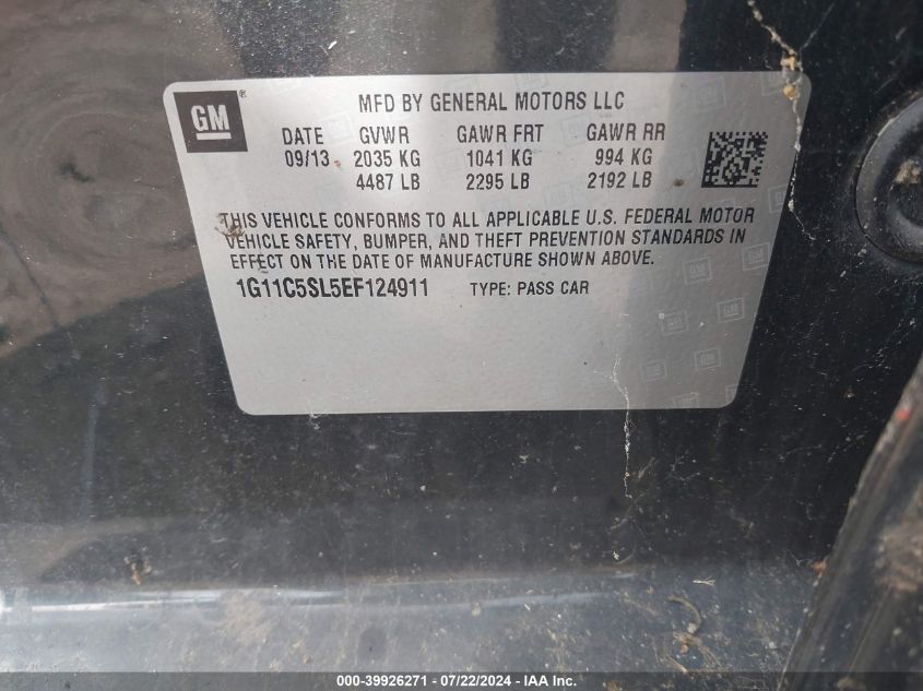 2014 Chevrolet Malibu 1Lt VIN: 1G11C5SL5EF124911 Lot: 39926271