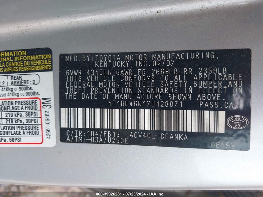 2007 Toyota Camry Le VIN: 4T1BE46K17U128871 Lot: 39926281
