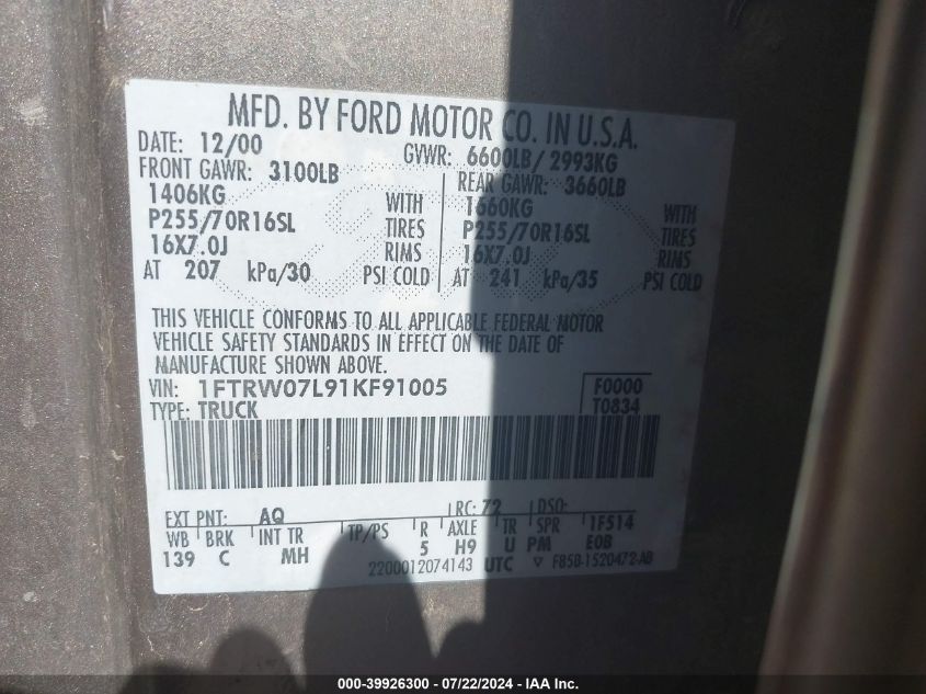 2001 Ford F-150 Harley-Davidson Edition/King Ranch Edition/Lariat/Xlt VIN: 1FTRW07L91KF91005 Lot: 39926300