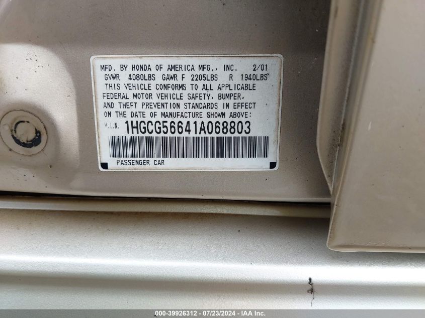 2001 Honda Accord 2.3 Ex VIN: 1HGCG56641A068803 Lot: 39926312