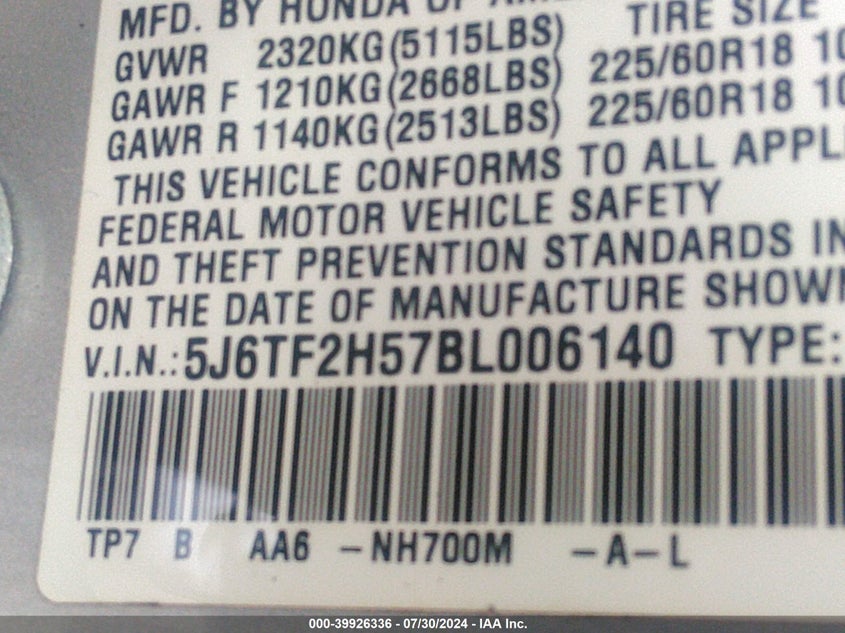 2011 Honda Accord Crosstour Exl VIN: 5J6TF2H57BL006140 Lot: 39926336