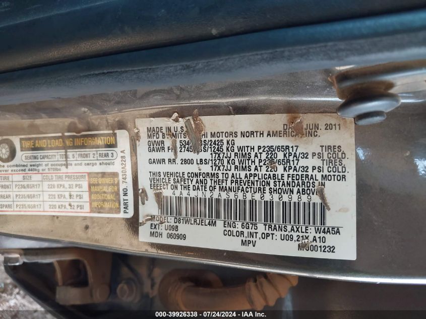 2011 Mitsubishi Endeavor VIN: 4A4JN2AS6BE030989 Lot: 39926338