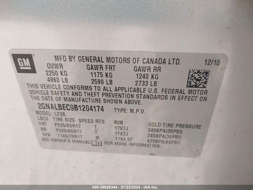 2GNALBEC9B1204174 2011 Chevrolet Equinox Ls