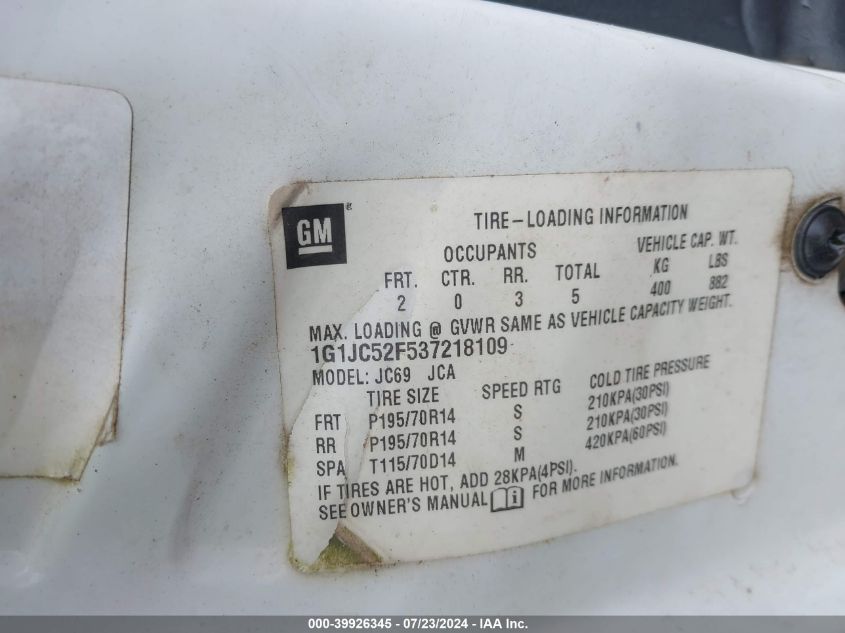 2003 Chevrolet Cavalier VIN: 1G1JC52F537218109 Lot: 39926345