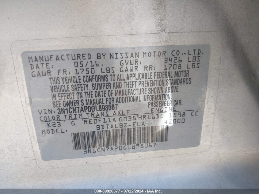 2016 Nissan Versa 1.6 S/1.6 S+/1.6 Sl/1.6 Sv VIN: 3N1CN7AP0GL898067 Lot: 39926377