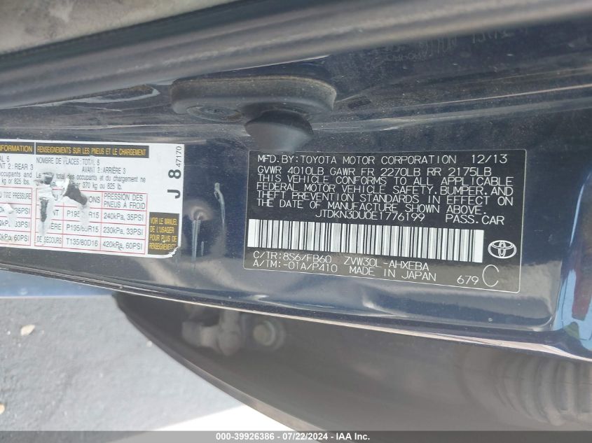 2014 Toyota Prius Two VIN: JTDKN3DU0E1776199 Lot: 39926386