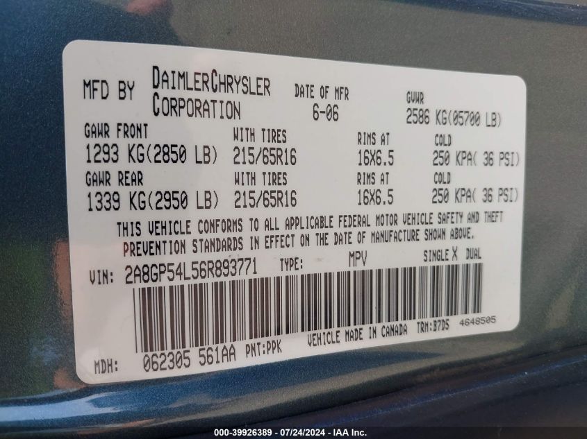 2006 Chrysler Town & Country Touring VIN: 2A8GP54L56R893771 Lot: 39926389