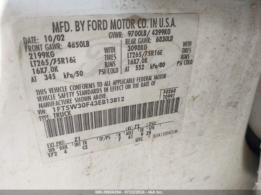 2003 Ford F-350 Lariat/Xl/Xlt VIN: 1FTSW30F43EB13812 Lot: 39926394