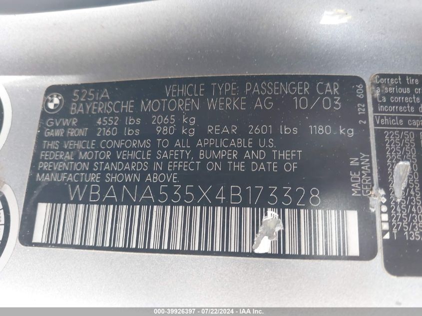 2004 BMW 525I VIN: WBANA535X4B173328 Lot: 39926397