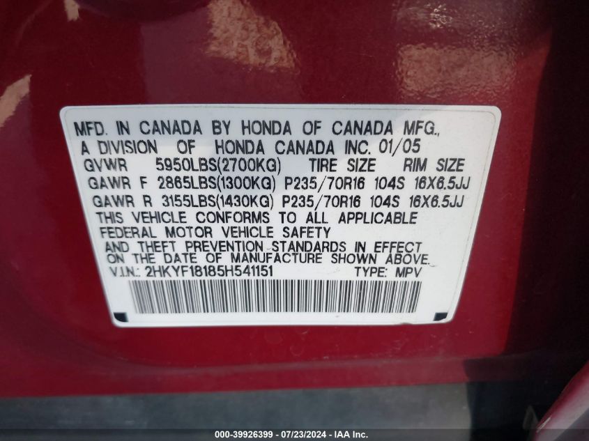 2005 Honda Pilot Lx VIN: 2HKYF18185H541151 Lot: 39926399