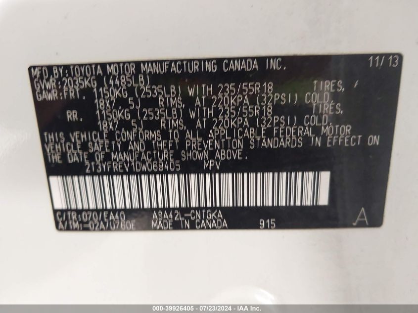 2013 Toyota Rav4 Limited VIN: 2T3YFREV1DW069405 Lot: 39926405