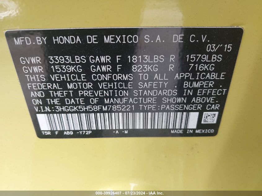 2015 Honda Fit Lx VIN: 3HGGK5H58FM785221 Lot: 39926407