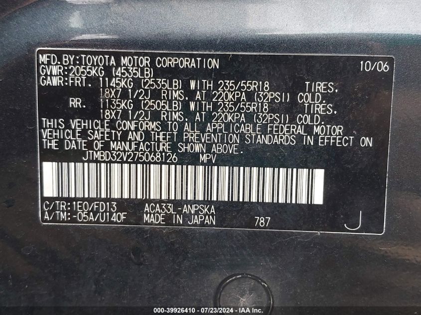 2007 Toyota Rav4 Sport VIN: JTMBD32V275068126 Lot: 39926410