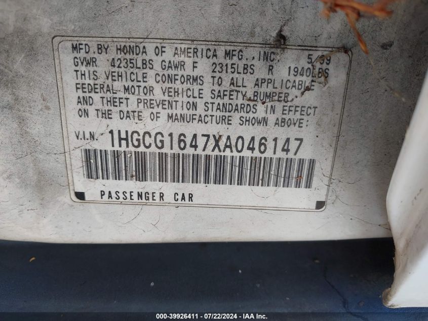 1999 Honda Accord Lx V6 VIN: 1HGCG1647XA046147 Lot: 39926411