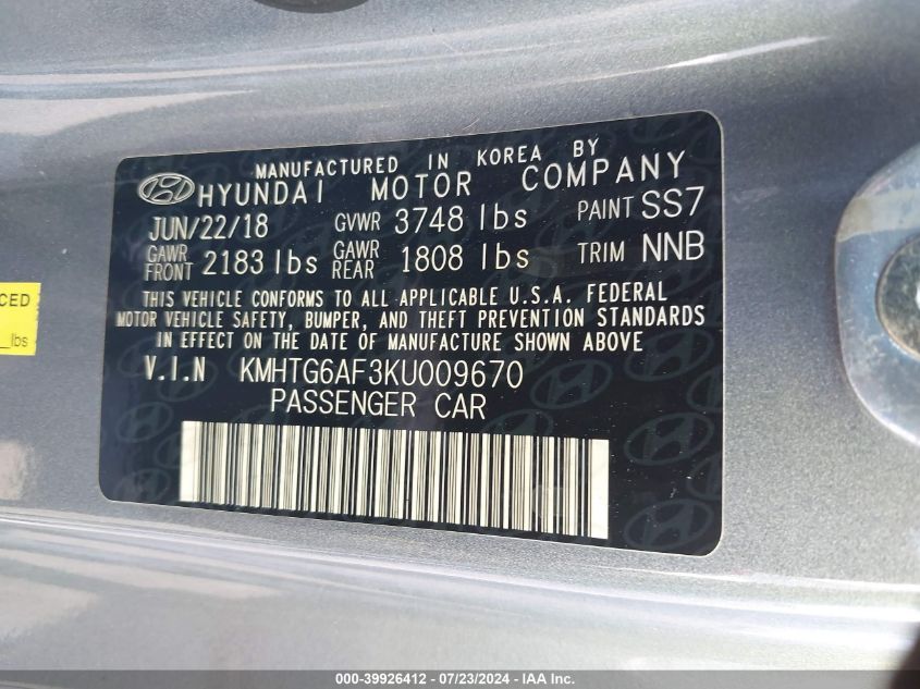 2019 Hyundai Veloster Premium VIN: KMHTG6AF3KU009670 Lot: 39926412