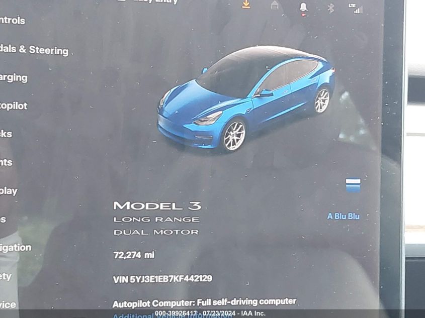 2019 Tesla Model 3 Long Range/Performance VIN: 5YJ3E1EB7KF442129 Lot: 39926417