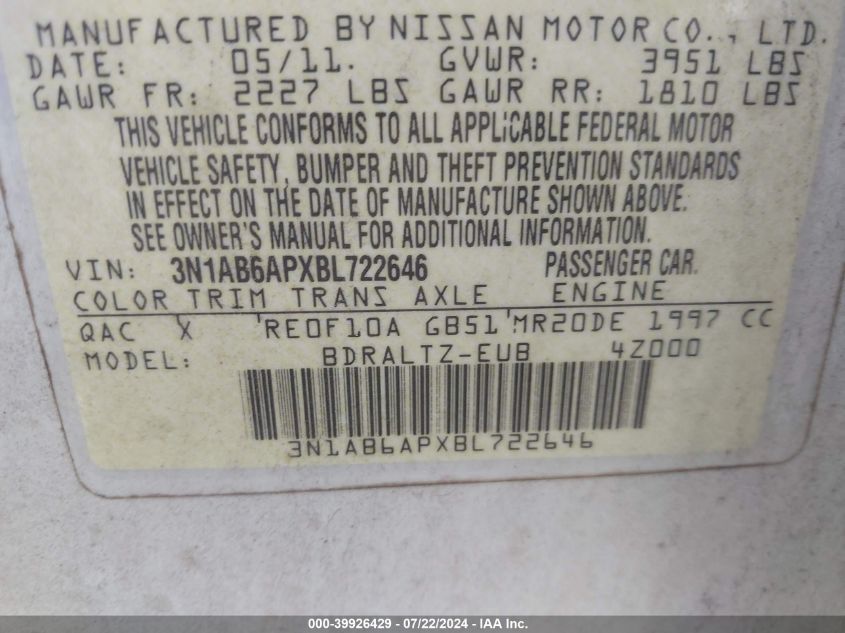 2011 Nissan Sentra 2.0Sr VIN: 3N1AB6APXBL722646 Lot: 39926429