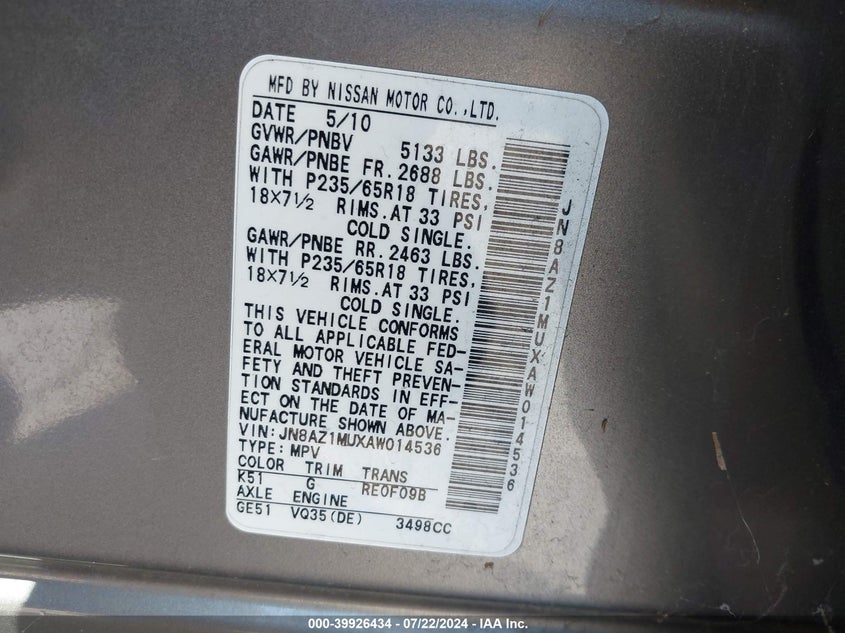 2010 Nissan Murano Sl VIN: JN8AZ1MUXAW014536 Lot: 39926434