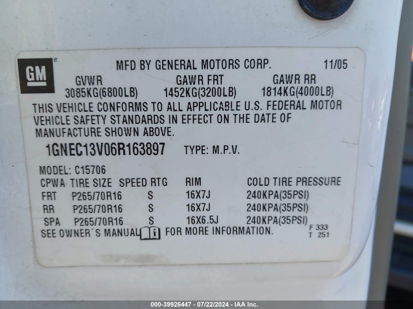 2006 Chevrolet Tahoe Ls VIN: 1GNEC13V06R163897 Lot: 39926447