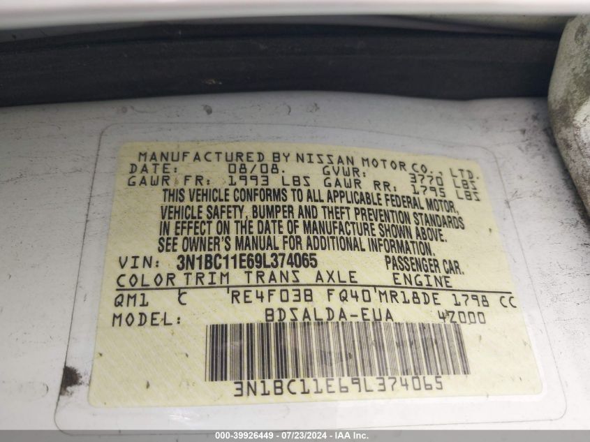 2009 Nissan Versa 1.8S VIN: 3N1BC11E69L374065 Lot: 39926449