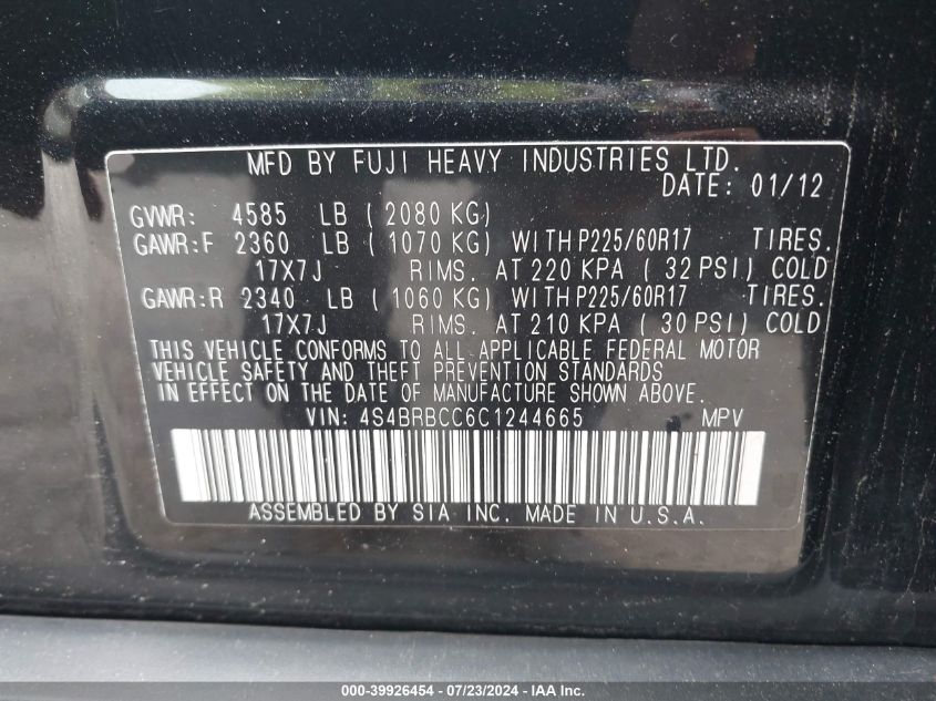 2012 Subaru Outback 2.5I Premium VIN: 4S4BRBCC6C1244665 Lot: 39926454