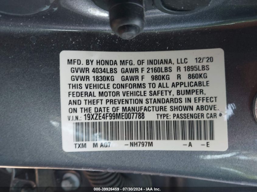 2021 HONDA INSIGHT TOURING - 19XZE4F99ME007788
