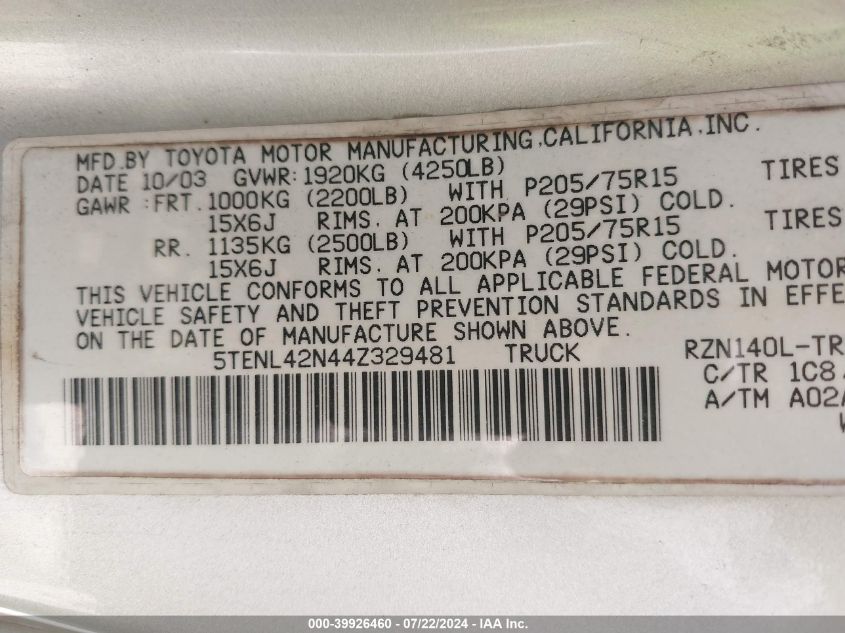 2004 Toyota Tacoma VIN: 5TENL42N44Z329481 Lot: 39926460