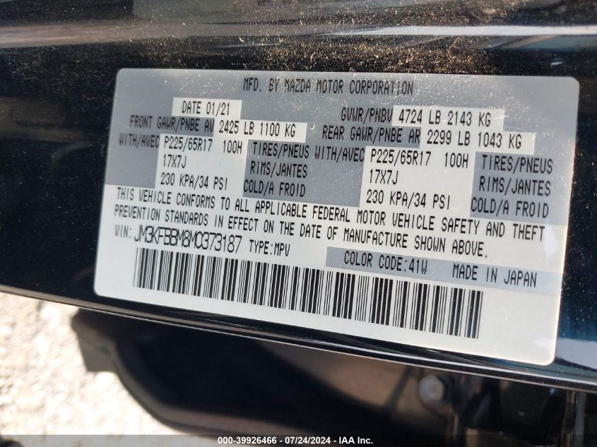 2021 Mazda Cx-5 Sport VIN: JM3KFBBM8M0373187 Lot: 39926466